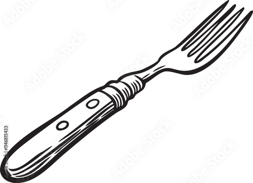 Fork engraved line drawing isolated on white background.