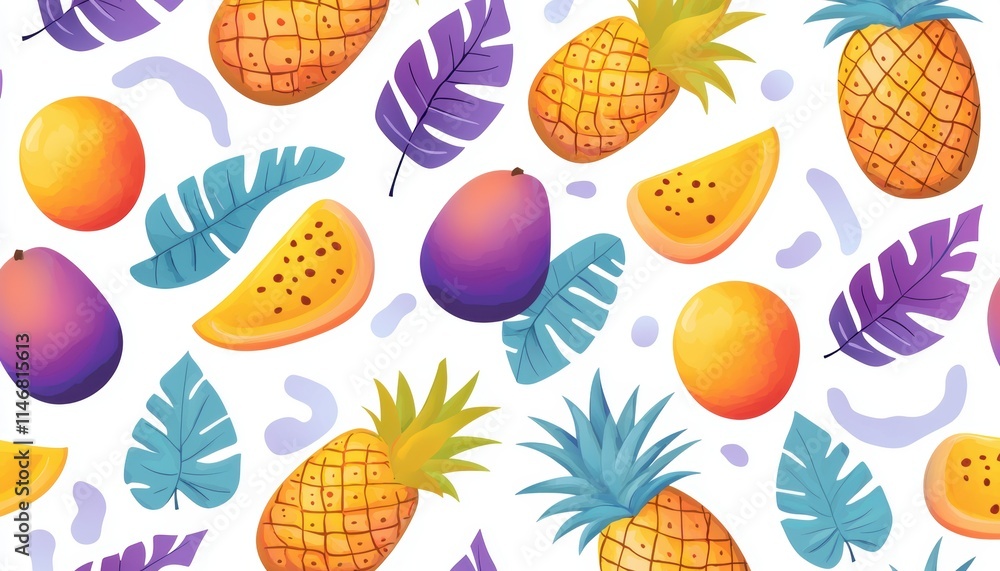 A vibrant, tropical pattern featuring colorful fruits like pineapples, mangoes, and oranges, complemented by leafy designs on a light background. A vibrant, tropical pattern featuring colorful fruits like pineapples, mangoes, and oranges, complemented by leafy designs on a light background.