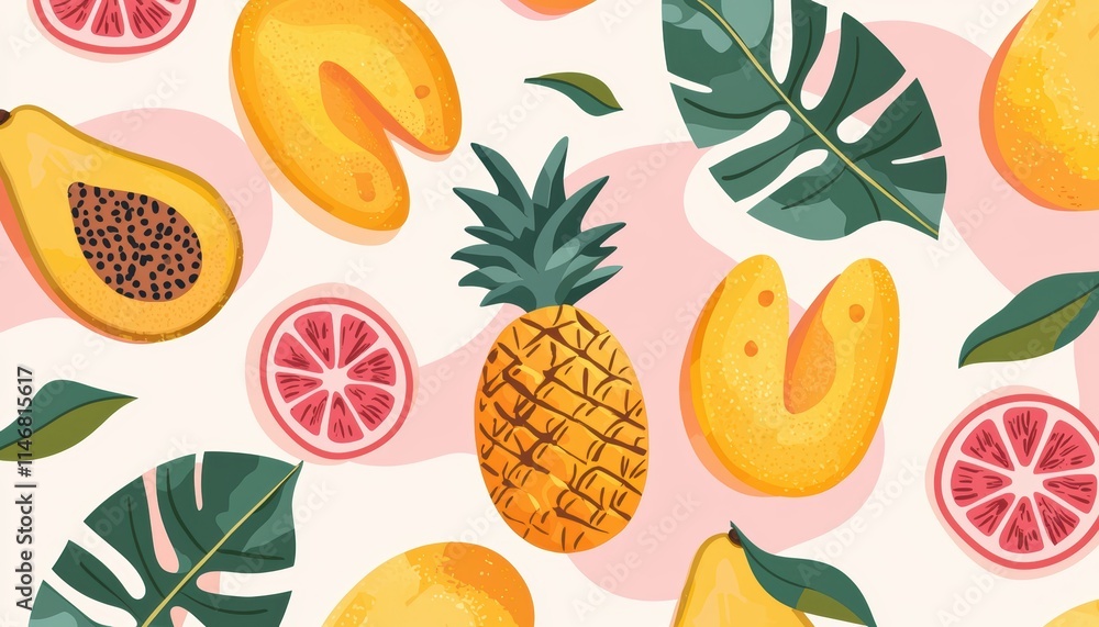 A vibrant pattern featuring tropical fruits like pineapples, mangos, and citrus, complemented by lush green leaves on a soft, pastel background. A vibrant pattern featuring tropical fruits like pineapples, mangos, and citrus, complemented by lush green leaves on a soft, pastel background.