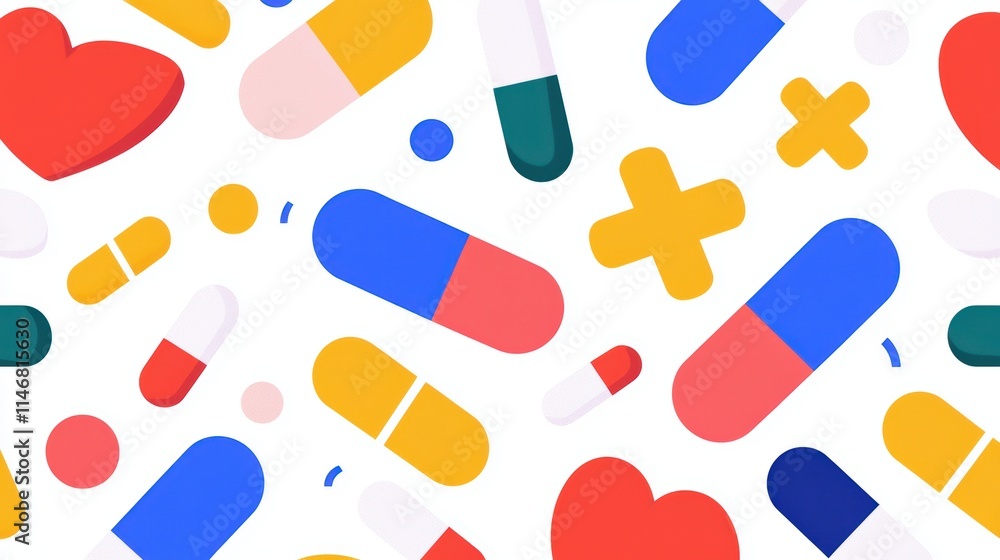 A vibrant pattern featuring colorful pills, hearts, and medical symbols on a white background, emphasizing health and wellness themes. A vibrant pattern featuring colorful pills, hearts, and medical symbols on a white background, emphasizing health and wellness themes.