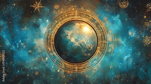 A Celestial Globe Surrounded by Floating Mystical Orbs in a Cosmic Setting, Perfect for Fantasy Art, Astrology Concepts, Space-Themed Designs, and Futuristic Sci-Fi Illustrations photo