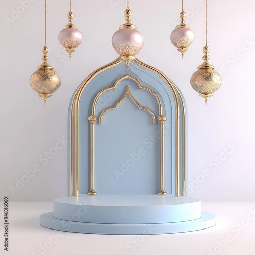 Elegant Ramadan Display: Blue Podium with Golden Arch and Hanging Lanterns photo