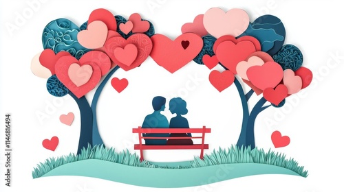 Wallpaper Mural A romantic illustration of a couple on a bench surrounded by heart-shaped trees. Torontodigital.ca