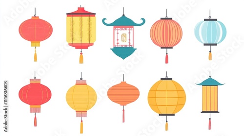 Traditional Chinese Lantern Vector Elements on White Background, Flat Design Style for Graphic Design Flexibility. 
