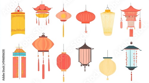 Traditional Chinese Lantern Vector Elements on White Background, Flat Design Style for Graphic Design Flexibility. 