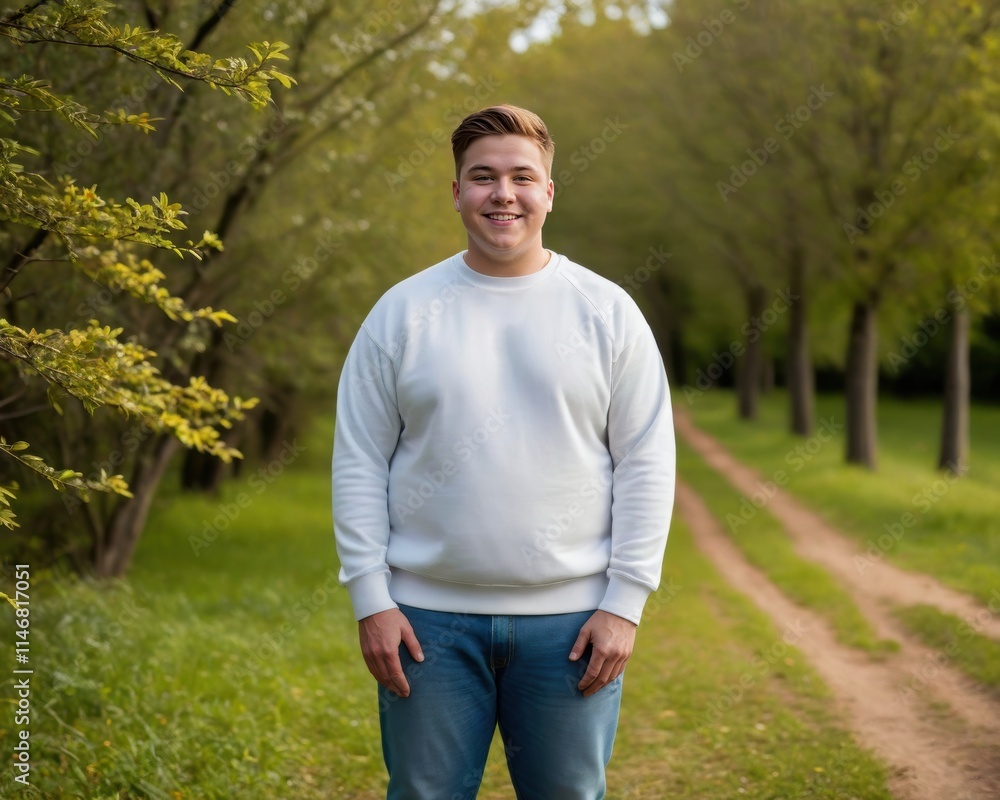 Young man with short hair wearing white sweatshirt and jeans standing in nature Young man with short hair wearing white sweatshirt and jeans standing in nature