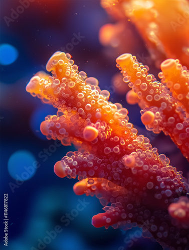 Red coral thrives in vibrant underwater habitat filled with bubbles and soft light