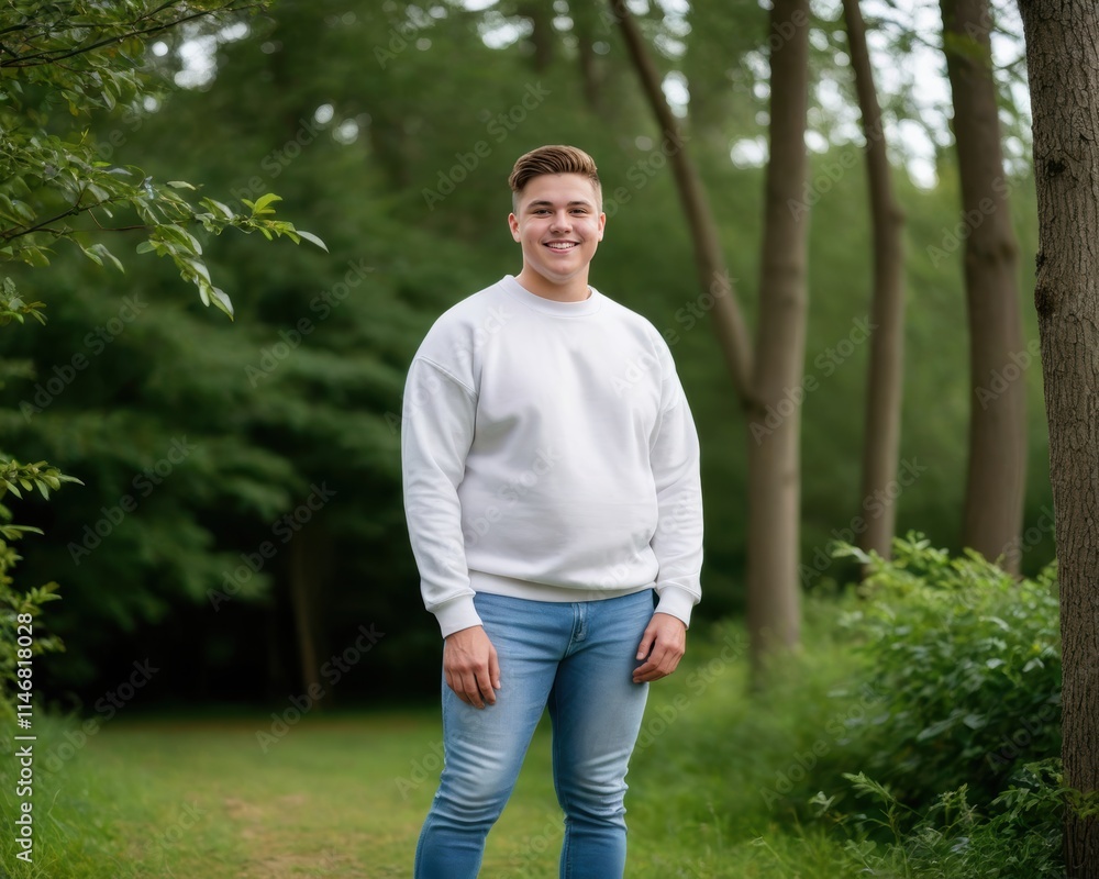Young man with short hair wearing white sweatshirt and jeans standing in nature Young man with short hair wearing white sweatshirt and jeans standing in nature