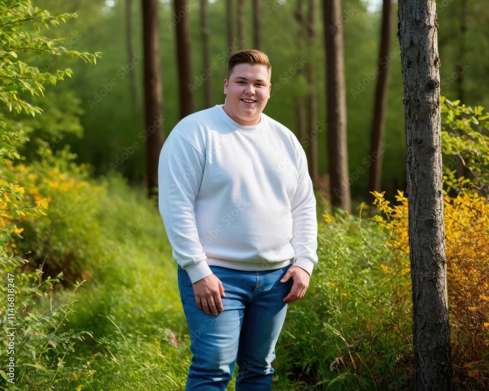 Young man with short hair wearing white sweatshirt and jeans standing in nature Young man with short hair wearing white sweatshirt and jeans standing in nature