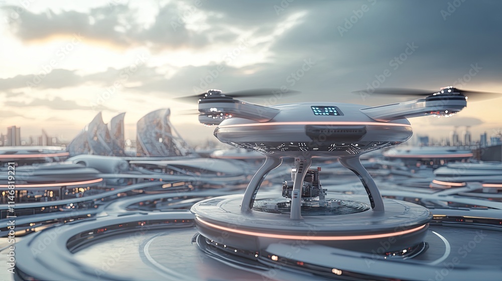 Futuristic drone on a landing pad in a modern city at sunset.