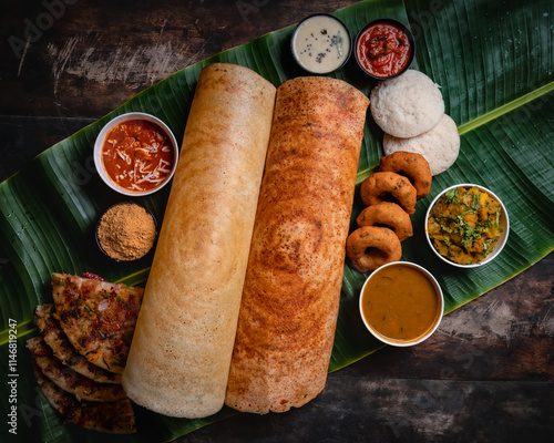 south Indian food on banana leaf.