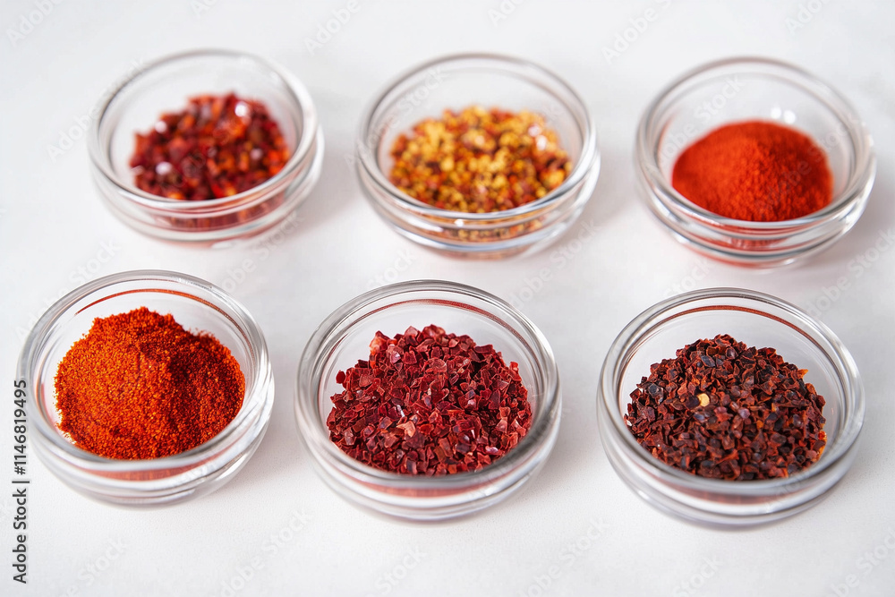 Collection of vibrant red spices displayed in small clear bowls highlighting their textures and colors on a white background