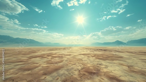 A vast expanse of golden sands stretches endlessly under the scorching sun, the desert landscape exuding a sense of serene isolation. Rolling dunes sculpted by the wind shift constantly, creating an e photo