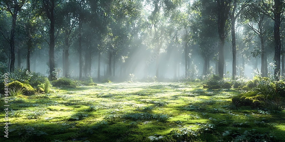 Obraz premium A tranquil forest scene with soft, diffused sunlight filtering through the trees, highlighting lush greenery and a misty atmosphere, creating a serene and enchanting mood.