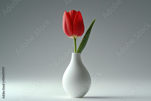 Minimalist display of a vibrant red tulip in a white vase on a soft gray background in a serene setting