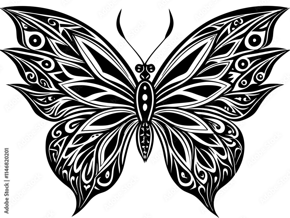 Intricate Butterfly Illustration with Decorative Wing Patterns – Black and White Art Intricate Butterfly Illustration with Decorative Wing Patterns – Black and White Art