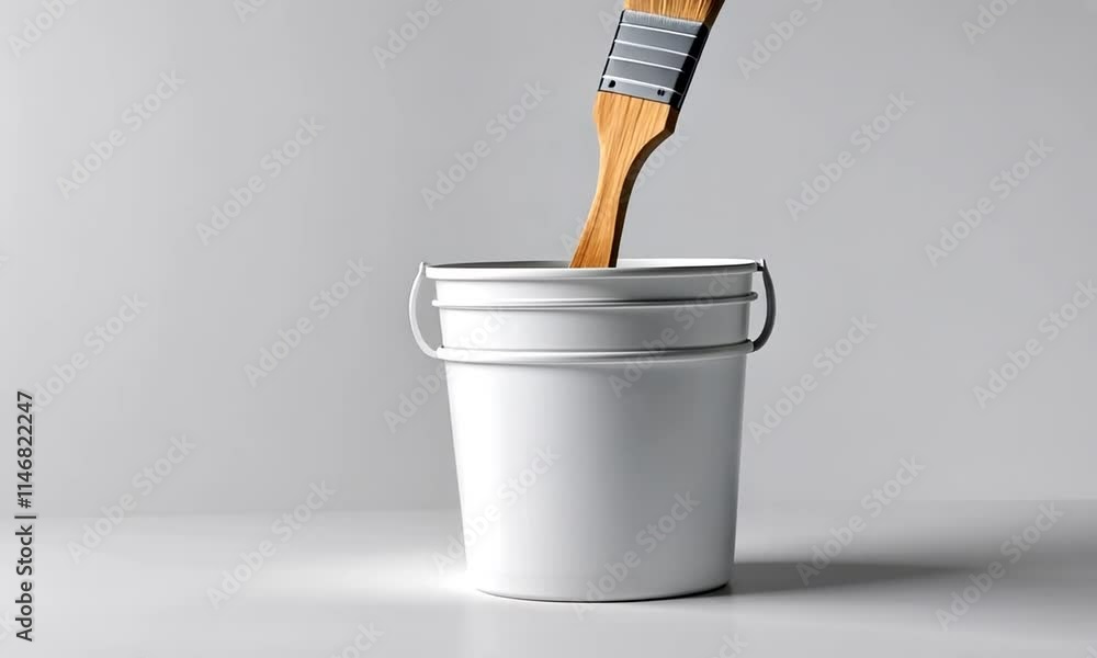 A white bucket with a paintbrush resting inside against a light background. A white bucket with a paintbrush resting inside against a light background.
