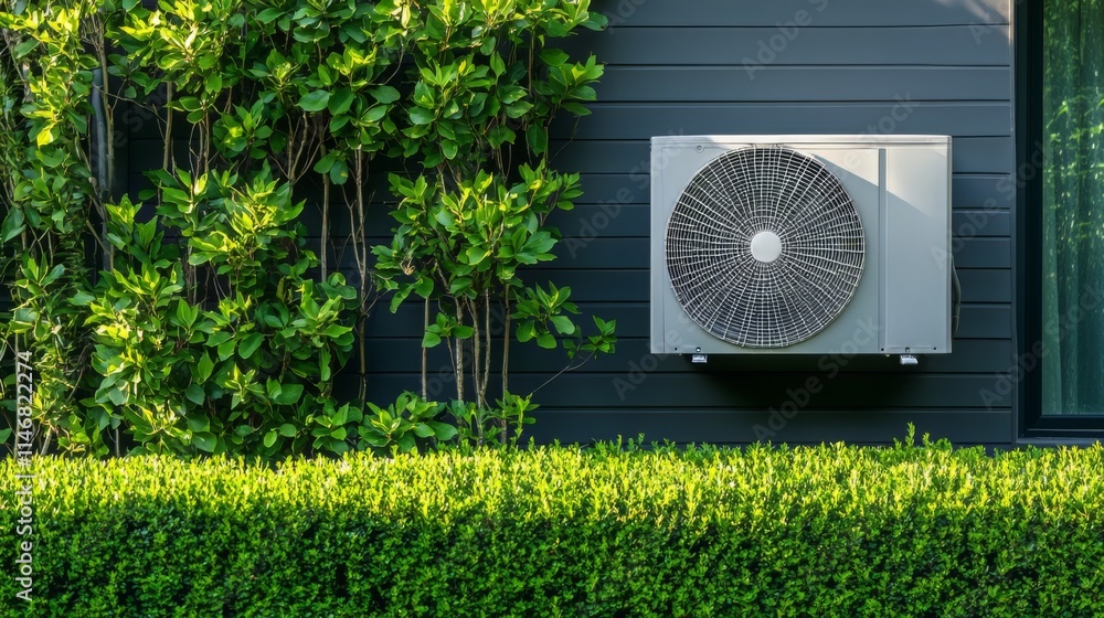 Modern House Exterior with Lush Greenery and Air Conditioner Modern House Exterior with Lush Greenery and Air Conditioner