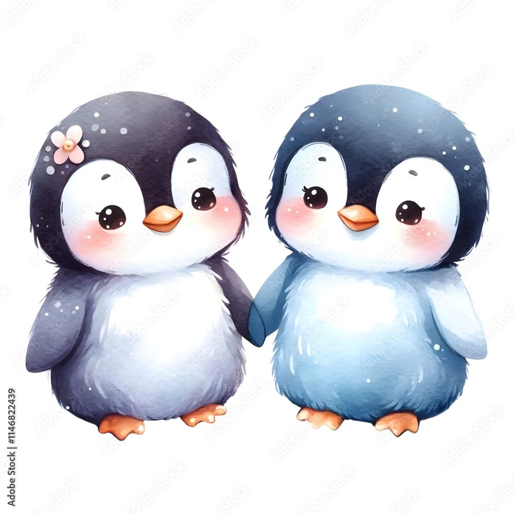 Naklejka premium Cute Penguin Couple with Flower Detail