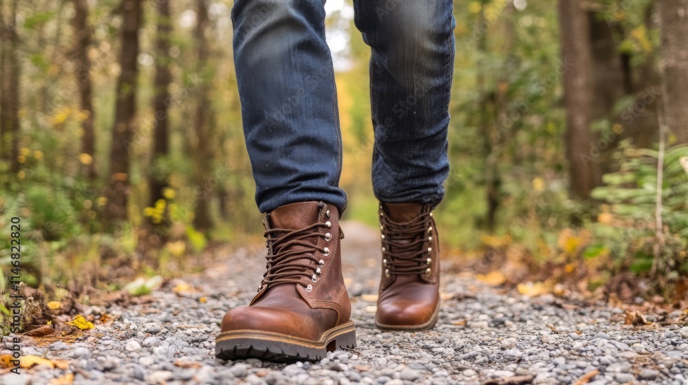Hiking Boots on a Forest Trail: Rugged Exploration Hiking Boots on a Forest Trail: Rugged Exploration