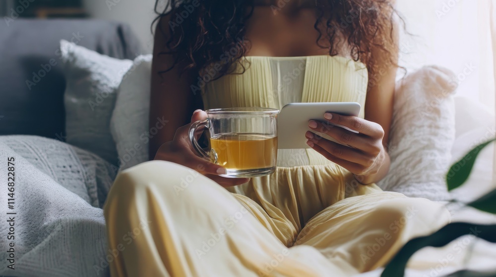 Relaxation Moment with Tea and Smartphone at Home Relaxation Moment with Tea and Smartphone at Home
