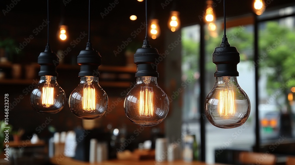 Obraz premium Four vintage Edison bulbs illuminate a cafe.