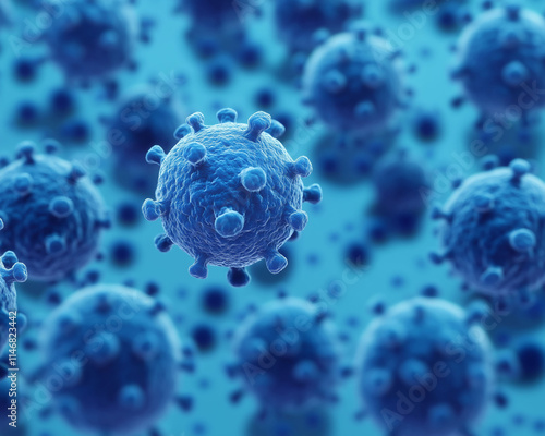 Norovirus virus symptoms gastroenteritis transmission. Microscopic view of viruses in a blue-toned environment.