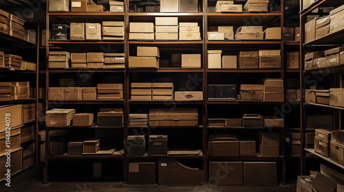 A dimly lit warehouse, packed to the brim with countless cardboard boxes, creating a mesmerizing labyrinth of storage.  The sheer volume of boxes hints at a vast archive or long-forgotten history.