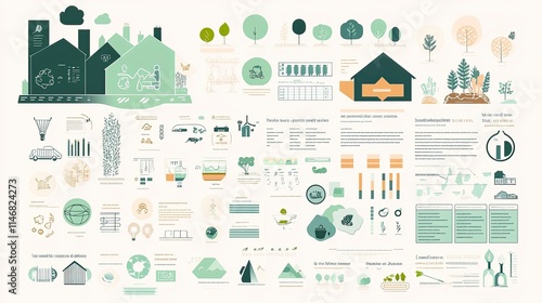 Infographic illustrating sustainable city elements, including eco-friendly transport, renewable energy, agriculture, and waste management.