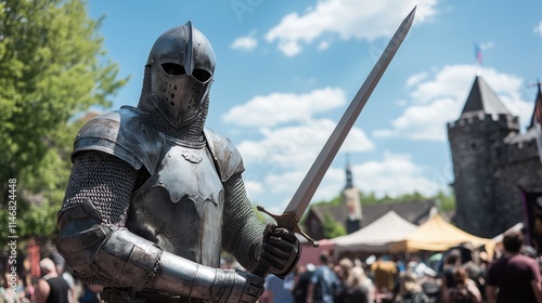 Knight in armor wielding a sword at a medieval festival