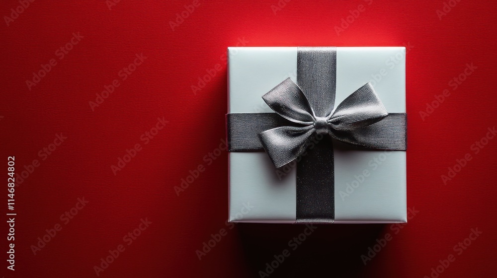 White gift box with grey ribbon on red background. White gift box with grey ribbon on red background.