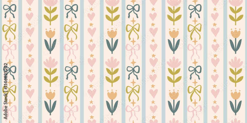 Seamless patterns with various doodle bows, hearts and flowers. Trendy vertical stripe background. Hand drawn vector illustration. Easter wrapping paper, social media cottagecore banner. Seamless patterns with various doodle bows, hearts and flowers. Trendy vertical stripe background. Hand drawn vector illustration. Easter wrapping paper, social media cottagecore banner.