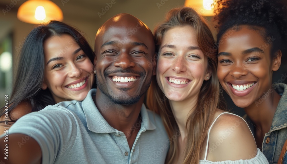 Fototapeta premium A cheerful group of four friends, two men and two women, are taking a selfie together, radiating happiness and warmth. Their bright smiles and close proximity create an atmosphere of friendship and