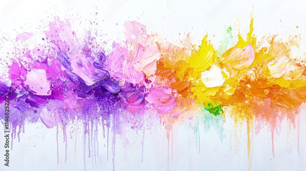 Obraz premium Abstract colorful paint splatter background with vibrant purple, pink, orange, and yellow acrylic drips on a white canvas.