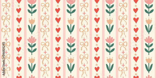 Seamless patterns with various doodle bows, hearts and flowers. Trendy vertical stripe background. Hand drawn vector illustration. Easter wrapping paper, social media cottagecore banner.