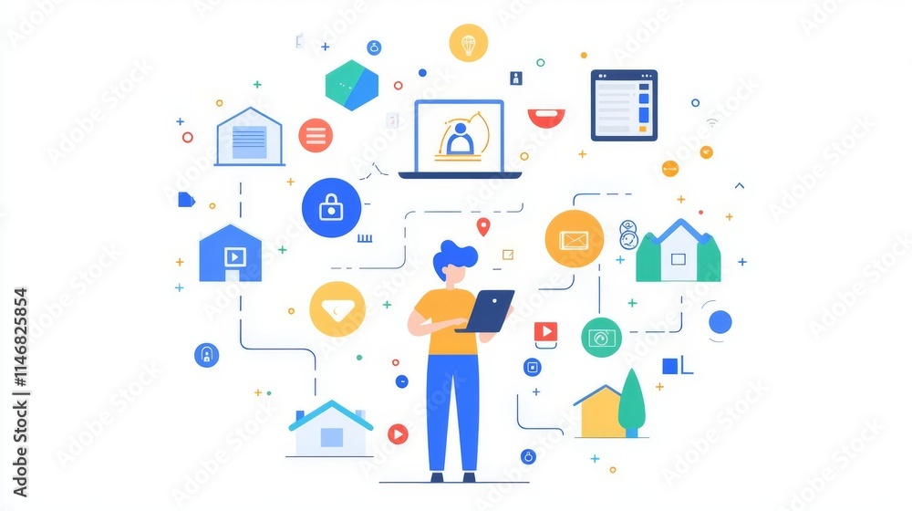 A person interacting with home automation icons and devices representing smart technology.