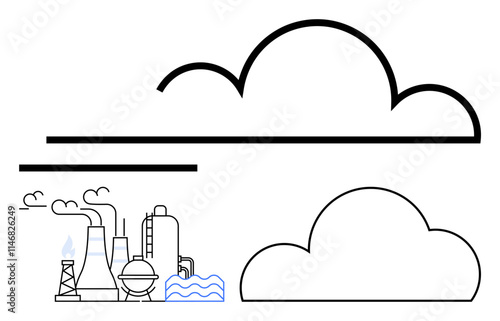 Industrial factory with smokestacks releasing smoke and water near bold, minimalist cloud outlines. Ideal for pollution impact, air quality, climate change, industry, environment, manufacturing