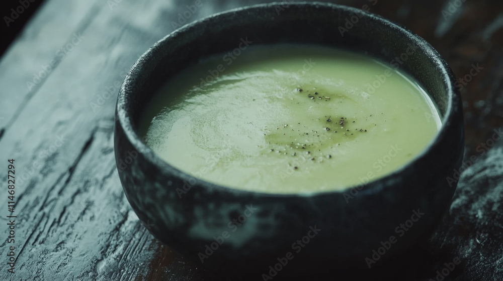 Warm creamy soup served in a rustic bowl on a wooden table. Warm creamy soup served in a rustic bowl on a wooden table.
