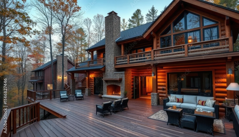 A rustic cabin with a large wooden porch, stone fireplace, and black windows in the woods A rustic cabin with a large wooden porch, stone fireplace, and black windows in the woods