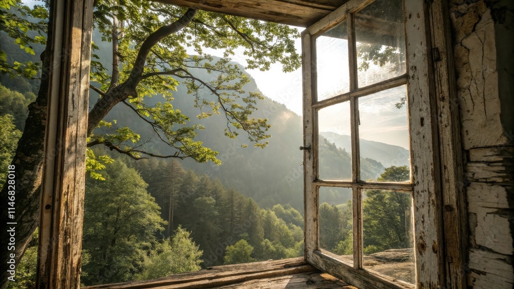 A weathered window frame reveals a breathtaking view of lush green forest nestled between rolling hills, bathed in the soft glow of a misty morning A weathered window frame reveals a breathtaking view of lush green forest nestled between rolling hills, bathed in the soft glow of a misty morning