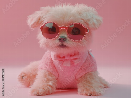 Cute toy model dog in pastel sunglasses indoor setting adorable pet figure photo