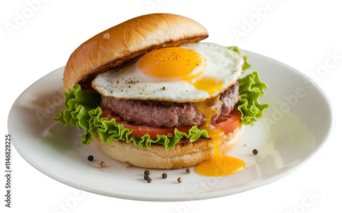 Isolated burger on a plate cutout with transparent background png