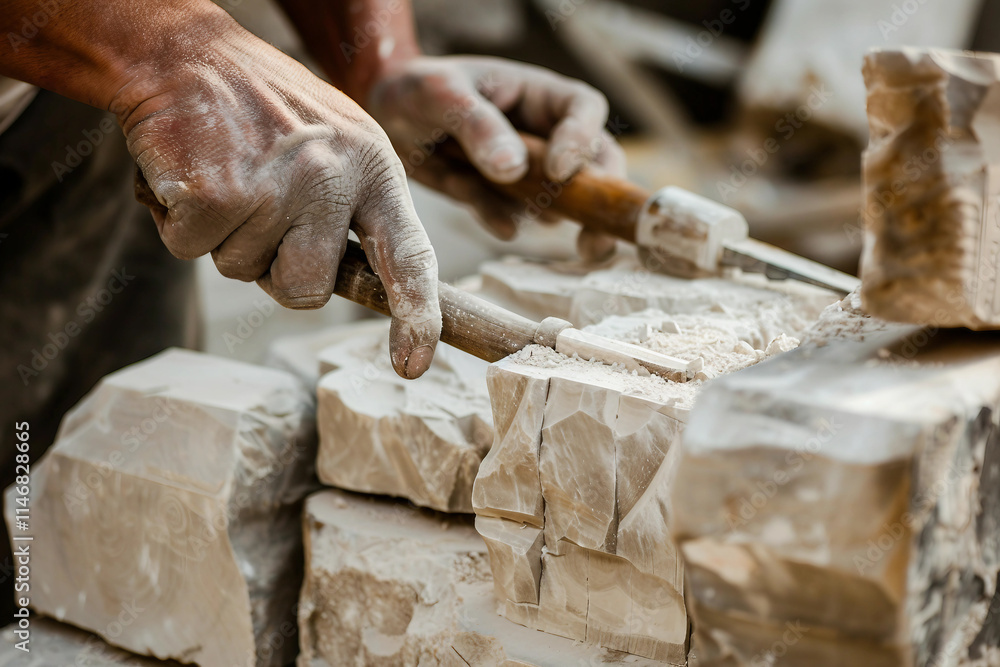 Generative AI Image of a Stonemason Working with Stone, Shaping and Carving Stone Surface Generative AI Image of a Stonemason Working with Stone, Shaping and Carving Stone Surface