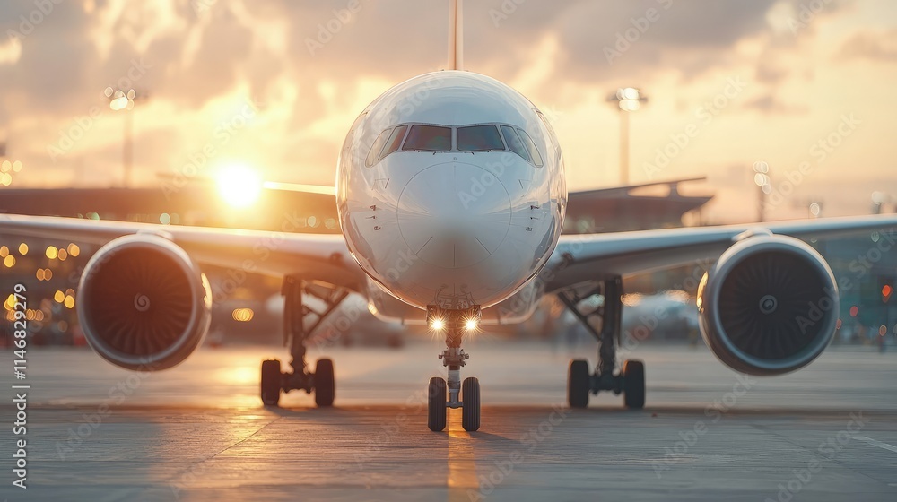 Airplane on runway at sunset. Airplane on runway at sunset.