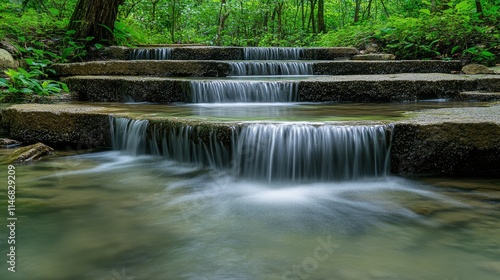 Cascading waterfall flowing over stone steps in lush forest.