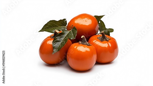 Pile of glossy orange Solanum sessiliflorum fruits with green leaves on a plain backdrop AI Generated photo