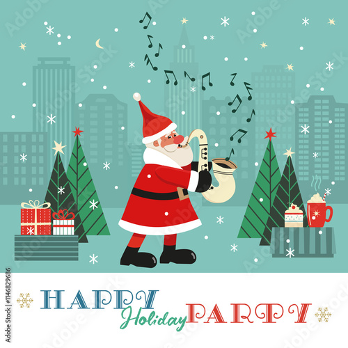 Fancy winter Holiday hand drawn poster. Santa playing Christmas melody on sax cartoon design element, retro color minimal style. Winter New Year holidays season event background illustration