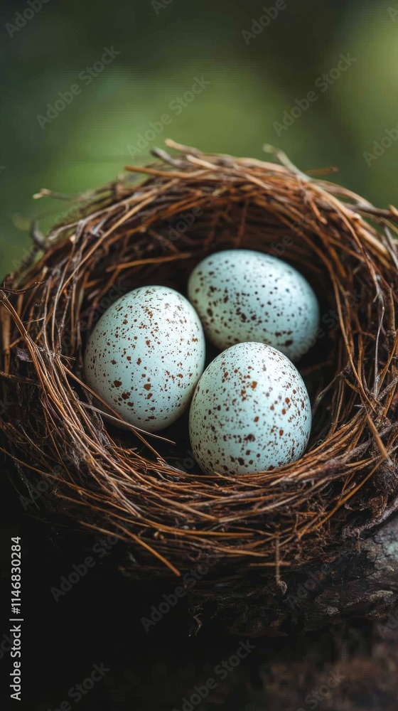 Three speckled eggs resting in a natural nest among twigs and foliage in a serene outdoor setting during Three speckled eggs resting in a natural nest among twigs and foliage in a serene outdoor setting during