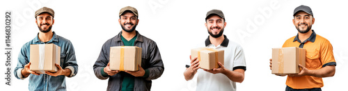 Set of delivery man worker in cap holding a parcel for customer, on transparent background PNG