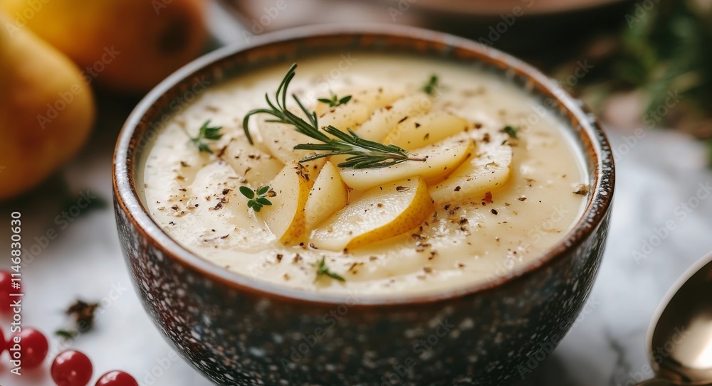Creamy pear soup topped with fresh herbs and spices served in a rustic bowl on a wooden table decorated with Creamy pear soup topped with fresh herbs and spices served in a rustic bowl on a wooden table decorated with